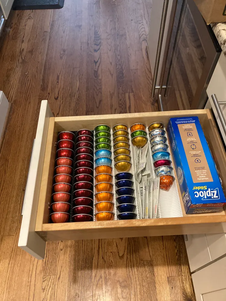 Nespresso Vertuo Pod Drawer Organizer (fully-parameterized, auto-splits into multiple parts)