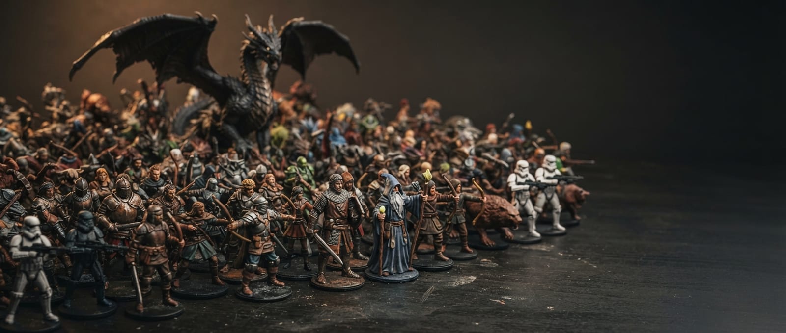 A dense crowd of hand-painted 3D printed resin miniatures on a workbench, knights, wizards and a dragon behind them