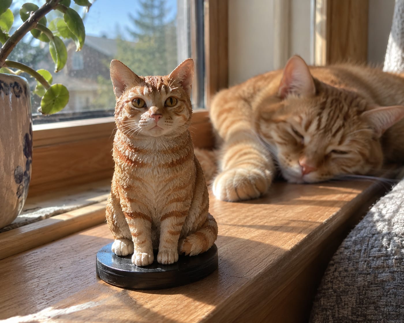 A hand-painted cat figurine on a sunny windowsill beside the real cat