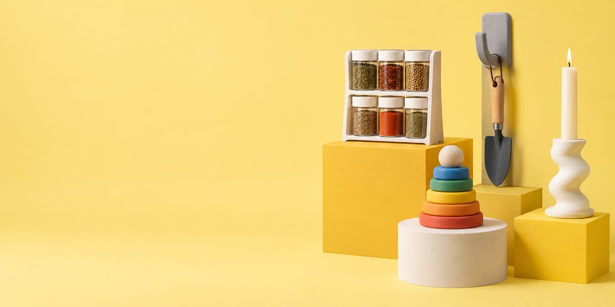 A 3D printed spice rack, wall hook, stacking toy and candle holder on yellow plinths